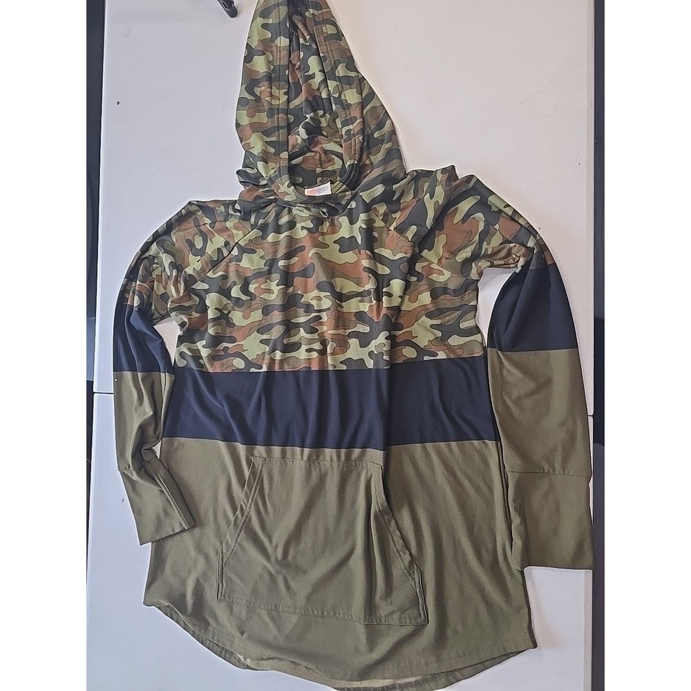 LuLaRoe Women's AMBER HOODIE Large Camouflage Green Black Sweatshirt‎ Unicorn